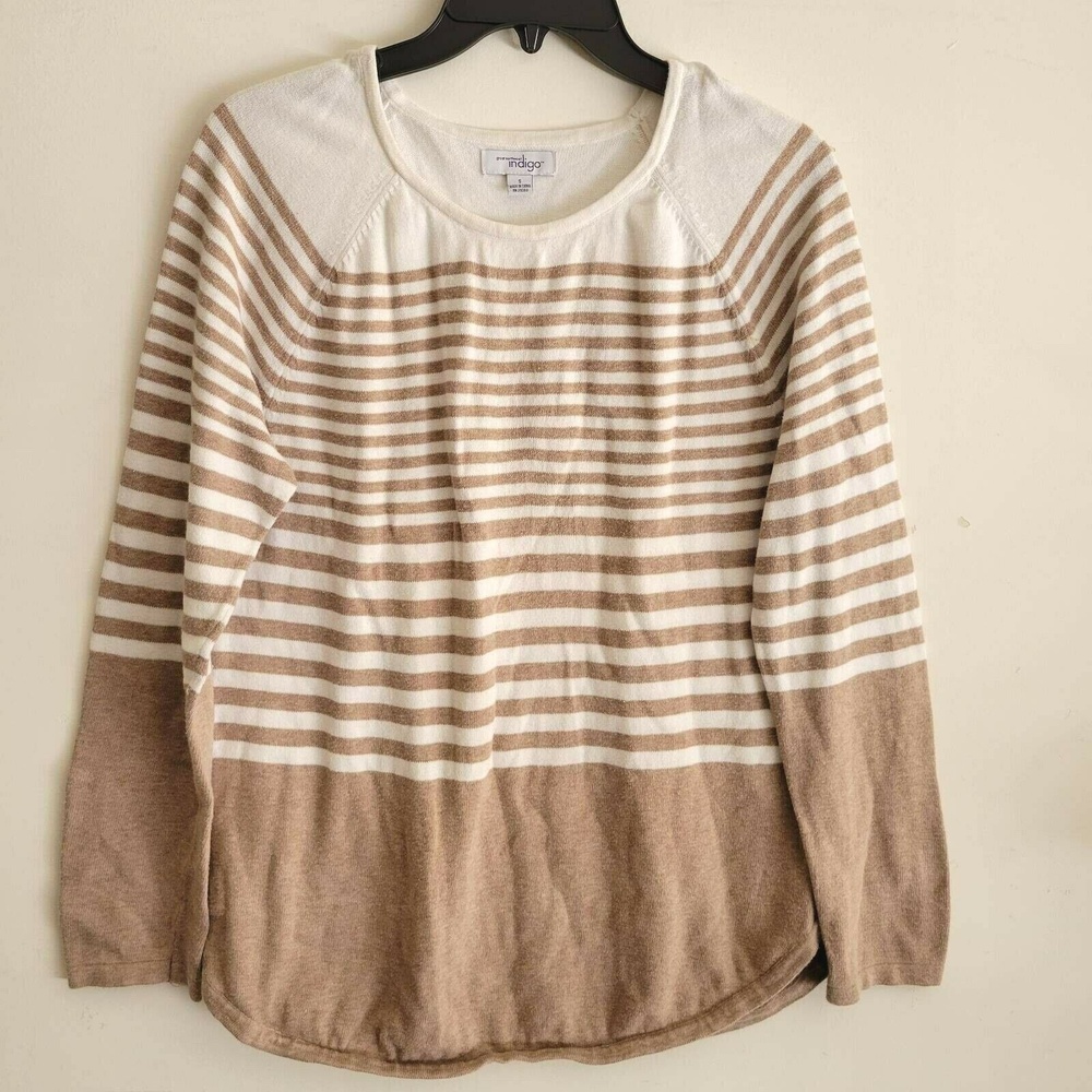 Indigo Great Northwest Women's Pullover Sweater Beige Striped Raglan Sleeve S